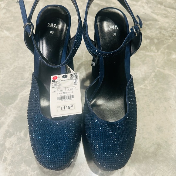 ZARA Navy Blue Rhinestone Platform Heels Formal Glamour Size 7.5 $115 - Picture 8 of 8